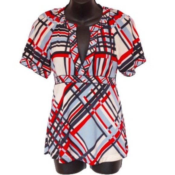 BCBG Abstract Check Print Empire Waist Stretch Top- Sz XXS - Picture 2 of 5